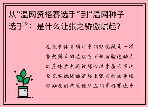 从“温网资格赛选手”到“温网种子选手”：是什么让张之骄傲崛起？