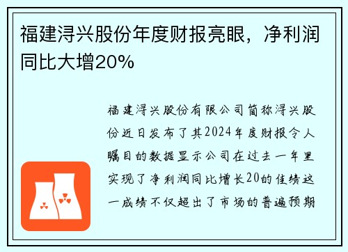 福建浔兴股份年度财报亮眼，净利润同比大增20%